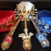 Americana Series Crown set $45/each. Silver or gold metallic diamond/fleur-de-lis crown, topped in red,white or blue satin fabric, and multicolored jewels. 1ft scepter wrapped in silver or gold lame' and sequins, matching jewels and trim