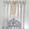 Bride of Christ Scepter series $50 each. 2ft scepters topped with white sequins, crystal tiara, bridal netting or lace, silvertone rings, and multi-print ribbon; shown with Bride of Christ crown.