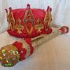 Saints Crown set $45. Gold metallic diamond/fleur-de-lis crown, topped in red satin fabric, red jewels and red scallop trim. 1ft scepter wrapped in gold lame' and sequins, red and crystal jewels and red scallop trim