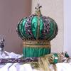 Emerald Green Warrior Crown Set $240. large wire frame crown decorated with camouflage, @100 coordinating jewels and gold braid trim; matching base, 2’ designer Scepter, and Orb