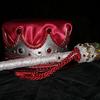 Atonement ~ 2pc Crown set $45. Red satin top in silver crown trimmed in thick red rope and ruby jewels; 2' scepter fabricated in gold sequins, silver lame' and red rope. Great for a personal alter or prayer room.