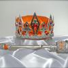 Healing Praise Crown set $45. Silver metallic diamond/fleur-de-lis crown, topped in Orange satin fabric, and multicolored jewels and silver braid trim. 1ft scepter wrapped in silver lame' and sequins, orange satin,Cross gems.