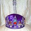Kingdom Authority Crown set $45. Silver metallic diamond/fleur-de-lis crown, topped in purple satin fabric, and multicolored jewels. 1ft scepter wrapped in silver lame' and sequins, purple jewels and silver scallop trim