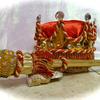 Sovereign Power Crown set $45. Gold metallic crown, topped in red satin fabric, and red and amber jewels and gold/red rope/fringe trim. 1ft scepter wrapped in gold lame' and sequins, red jewels and gold rope/fringe trim (base not included)